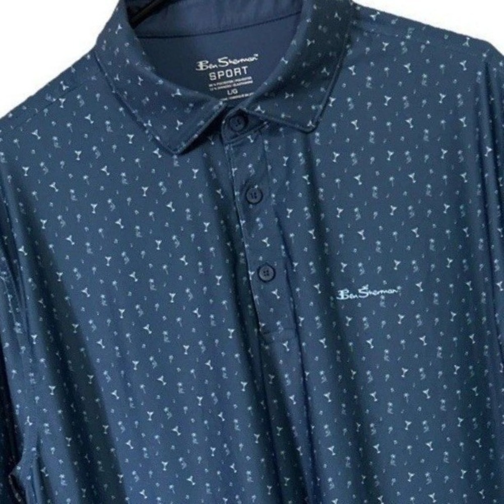 Ben Sherman L Men's Sport Golf Polo Blue Martini All Over Print Palm Trees Music